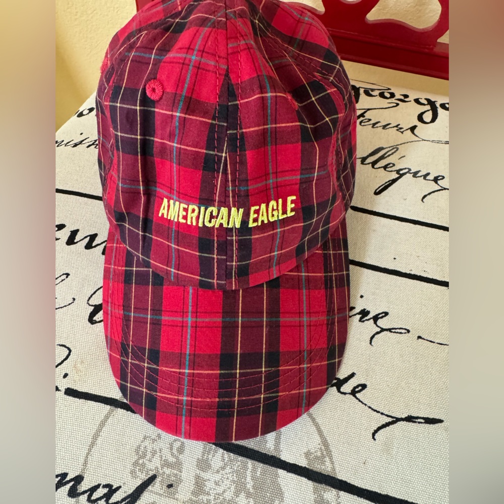 American Eagle Red and Black Plaid Adjustable Baseball Hat